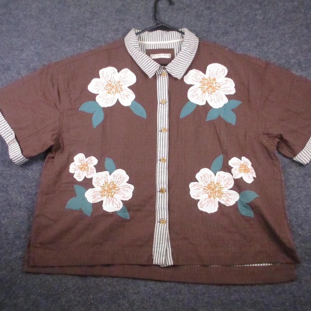 We The Free Shirt Womens Large Brown Floral Embroidered Button Up Short Sleeve